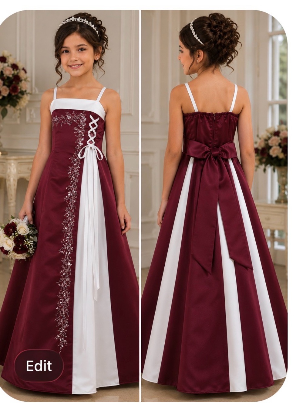 Elegant Burgundy and White Flower Girl Dress with Bow